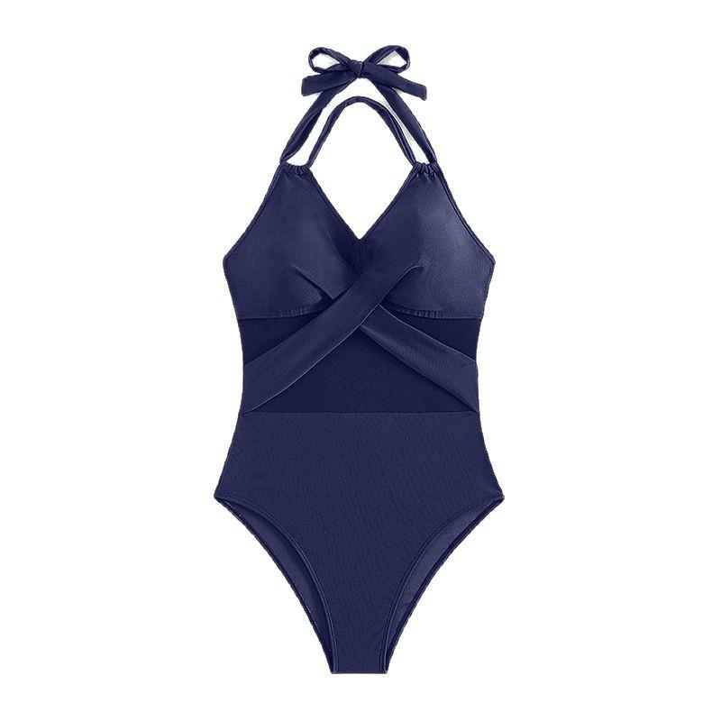2025 European & American Solid Color Mesh One-Piece Conservative Bikini for Women