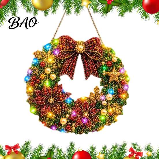 Seasonal Holiday Crafting Set Christmas Diamond Painting Wreath Kit with LED String Lights, Snowman Pearl Art Shiny Acrylic Craft for Adults,