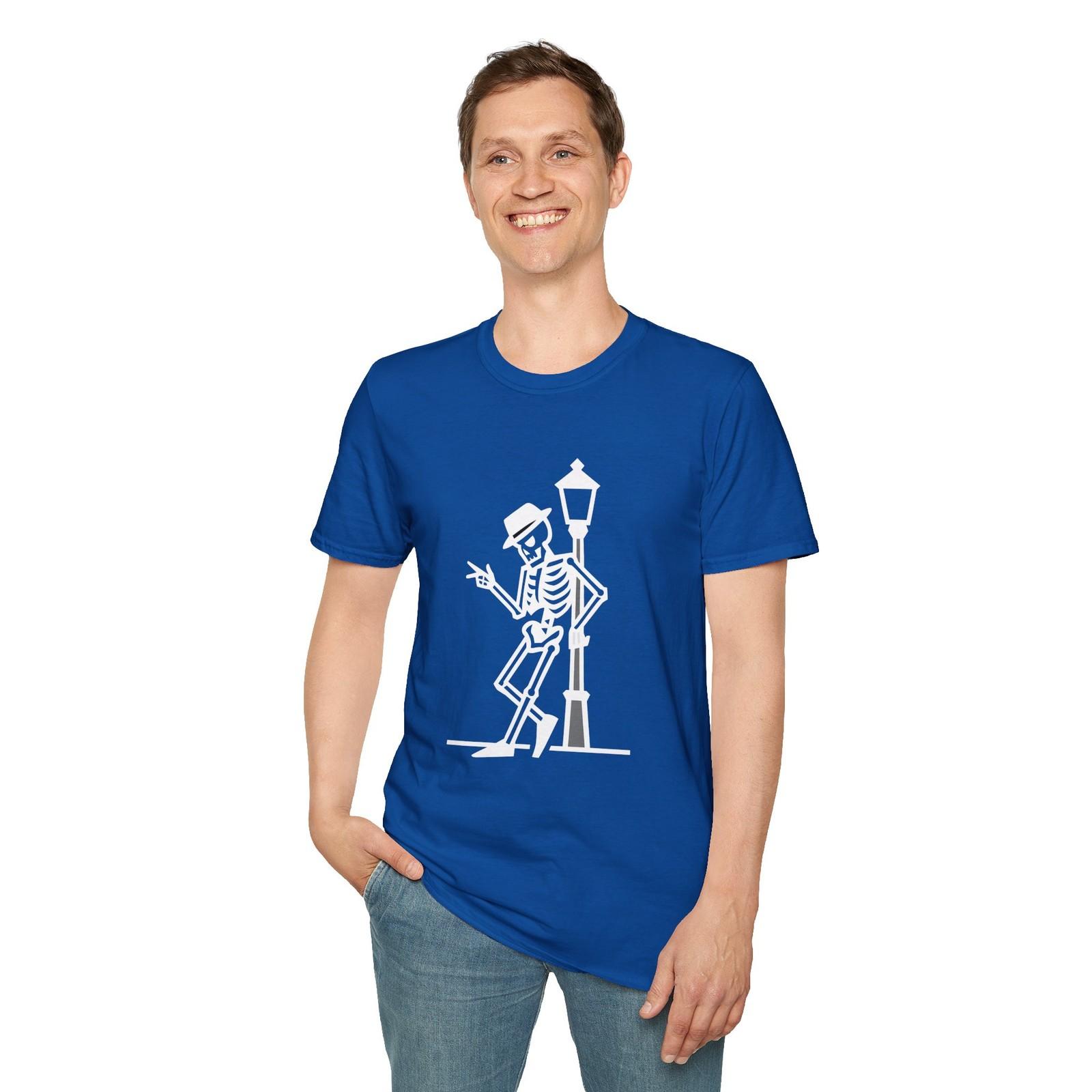 Unisex Softstyle T-Shirt Skeleton Fedora Hat Lamppost Lean S