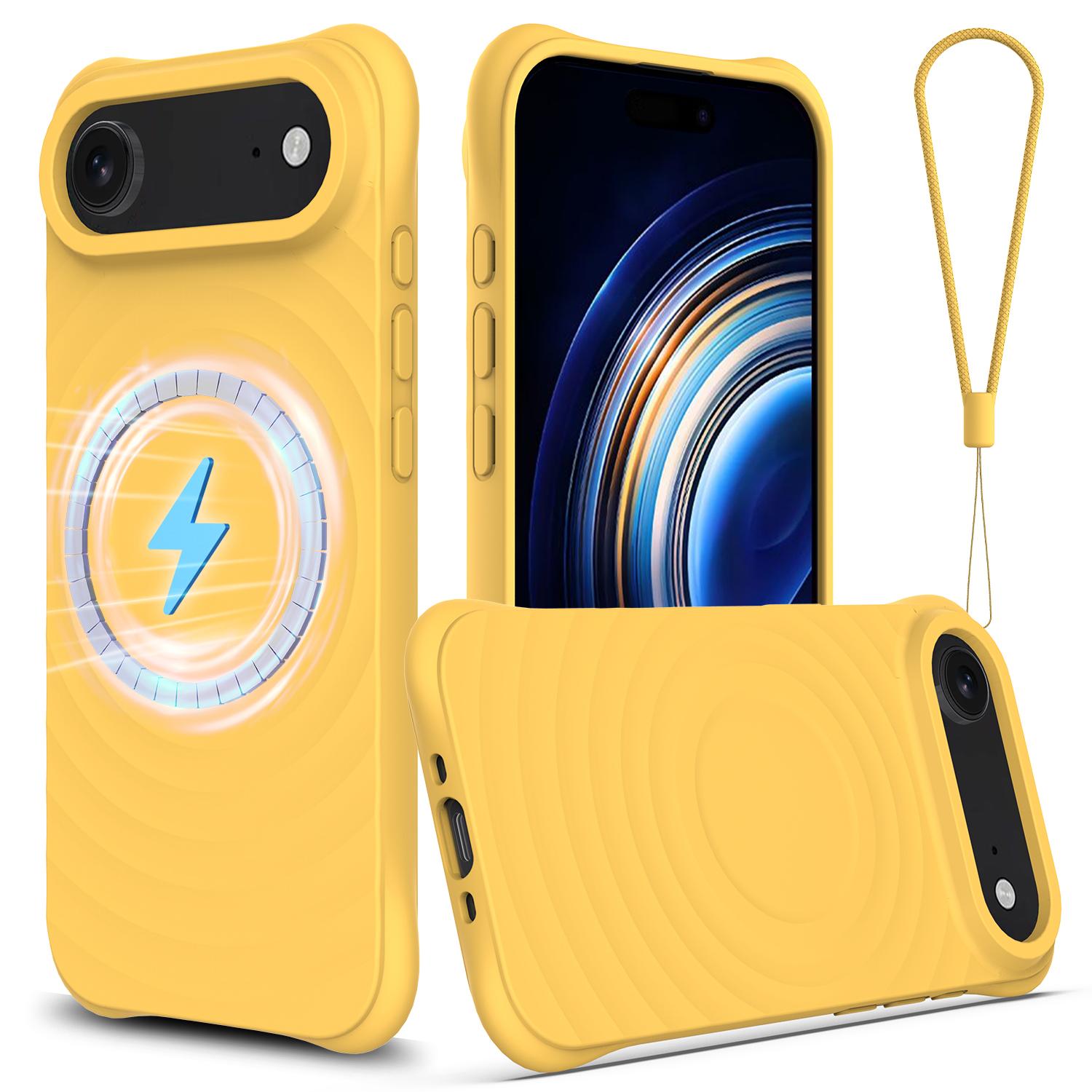 

For iPhone 17 Air Case Compatible with MagSafe Ripple Texture Liquid Silicone Protective Cover with Strap Yellow