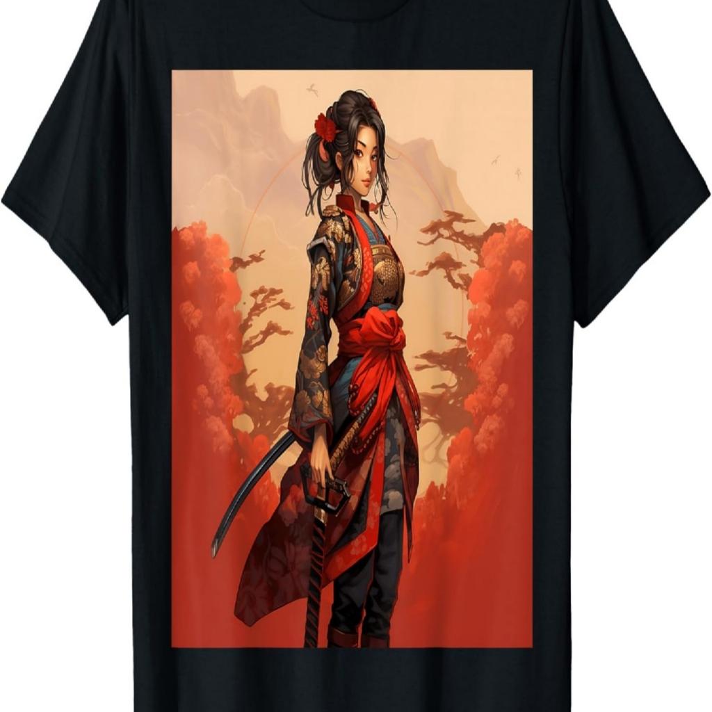 Samurai Girl Vintage Retro Sakura Cherry Blossom T-Shirt(595)