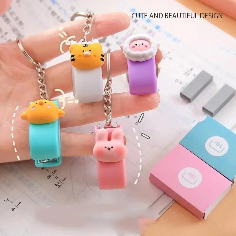 Cartoon Mini Stapler Keychain Kawaii Animal Trumpet Stapler Book Paper Binding Machines Student Stationery Cute Desk Accessories