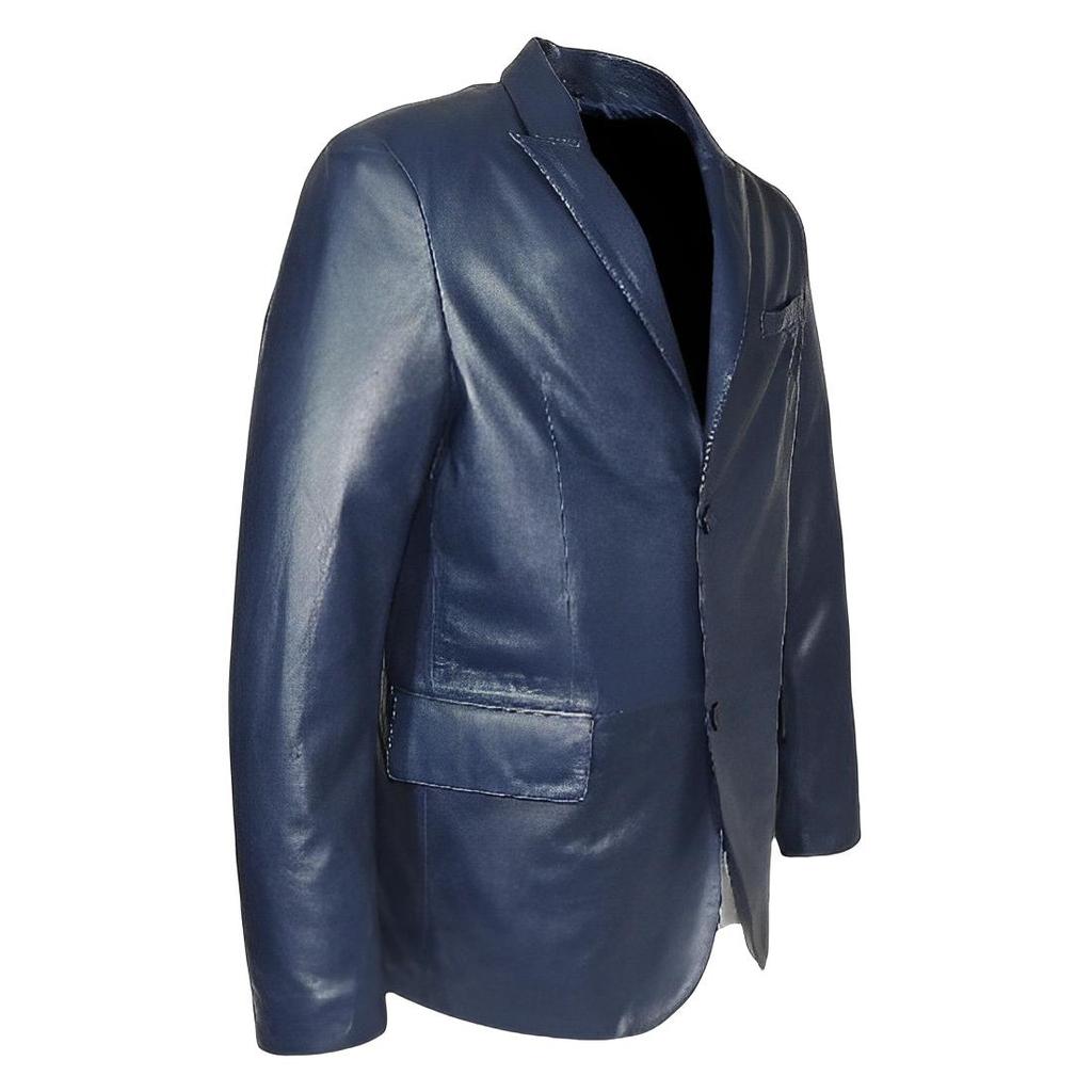 Noora Men's Navy Blue Leather Formal Blazer With Two Buttons Office Wear Blazer