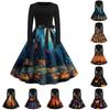 Women's Vintage Casual Round Neck Dress with Happy Halloween Print