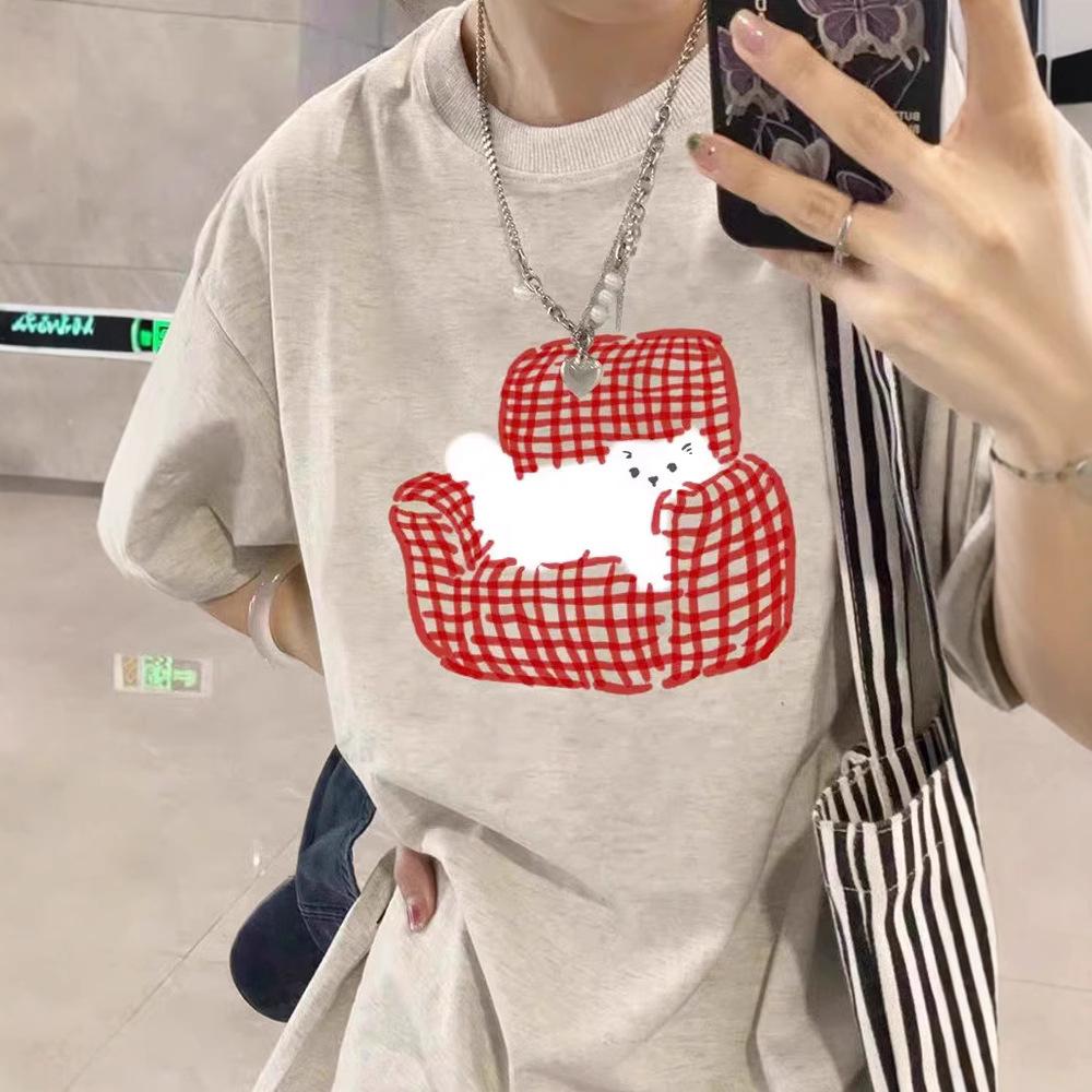 Summer short-sleeved t-shirt new popular kitten print design sense front shoulder American loose short-sleeved top t-shirt