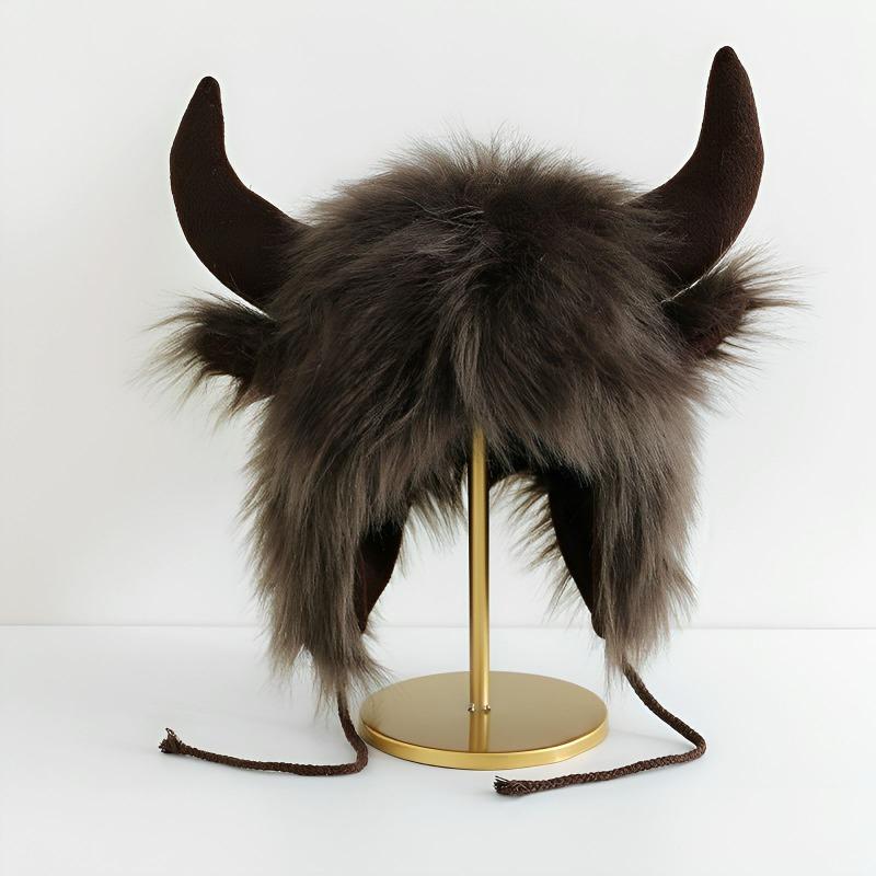 Mei Funny Bull Head Plush Lei Feng Hat, Women's Winter Warm Ear Protection, Windproof and Cold Riding Bull Devil King Hat