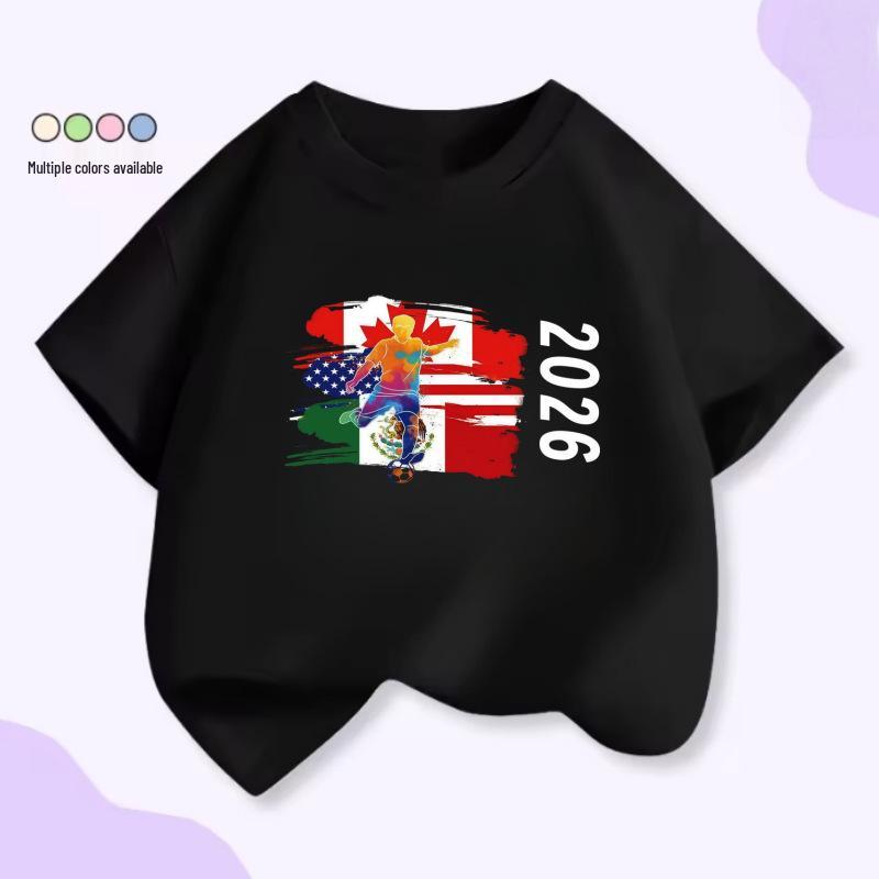 2026 World Cup Kids Tee: USA, Canada, Mexico Commemorative Short Sleeve Cotton Shirt 130 cm