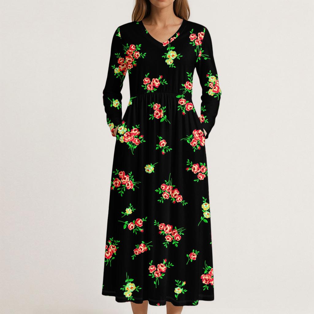Šaty Pro Ženy Dlouhé Boho Plážové Šaty Elegantní Maxi Šaty Výstřih do V Dlouhý Rukáv Šaty s Kapsami
