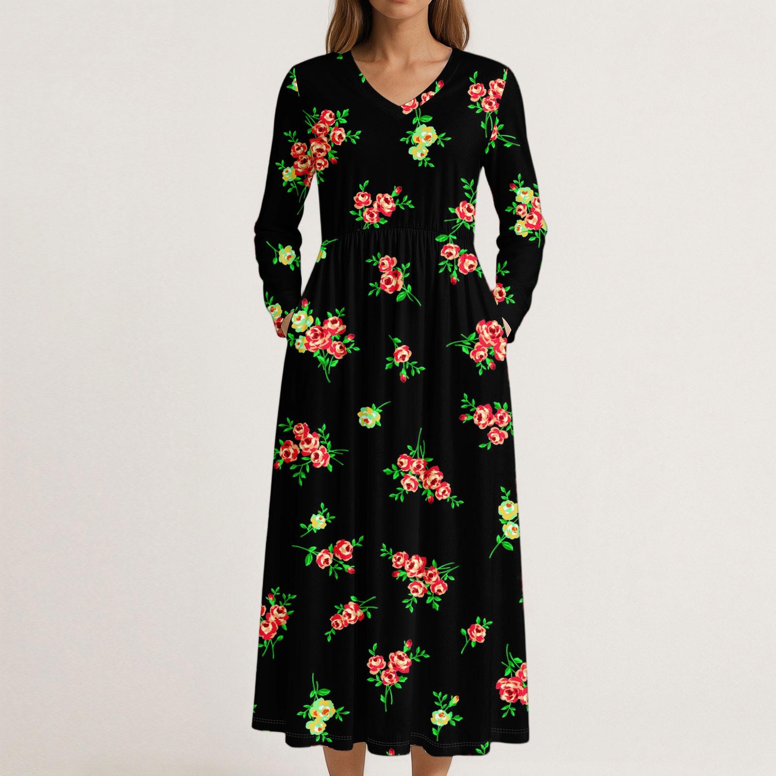 

Платье для женщин длинное бохо пляжное платье элегантное макси-платье V-образный вырез длинный рукав платье с карманами XXL чёрный