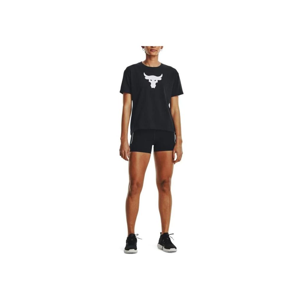 Under Armour Project Rock Logo Print Crew Neck Short Sleeve T-Shirt Women Tops Black 1378973-001