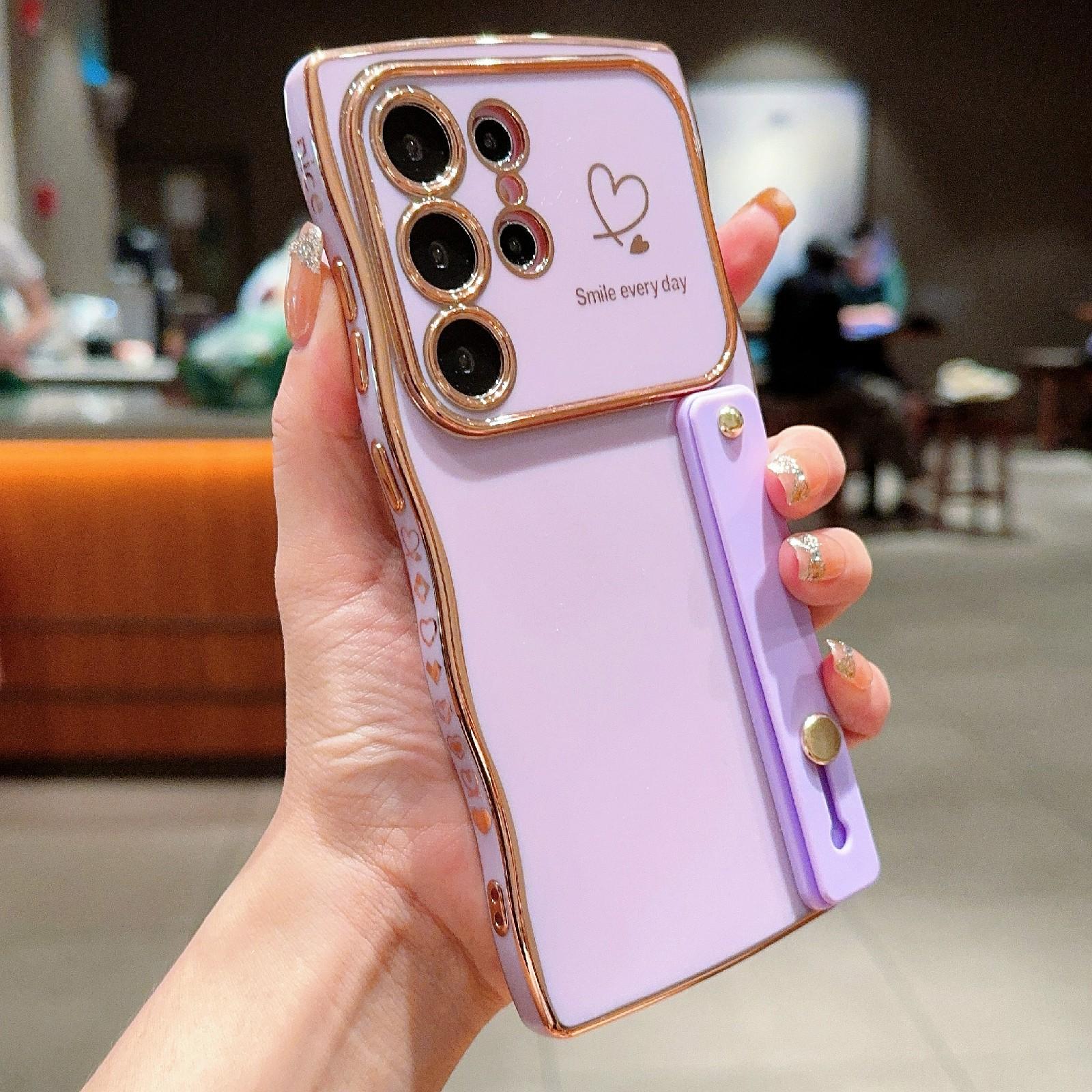 

Чохол для Samsung Galaxy S23 Ultra з електроплатованим TPU у формі серця, з ремінцем на зап ястя та підставкою Purple