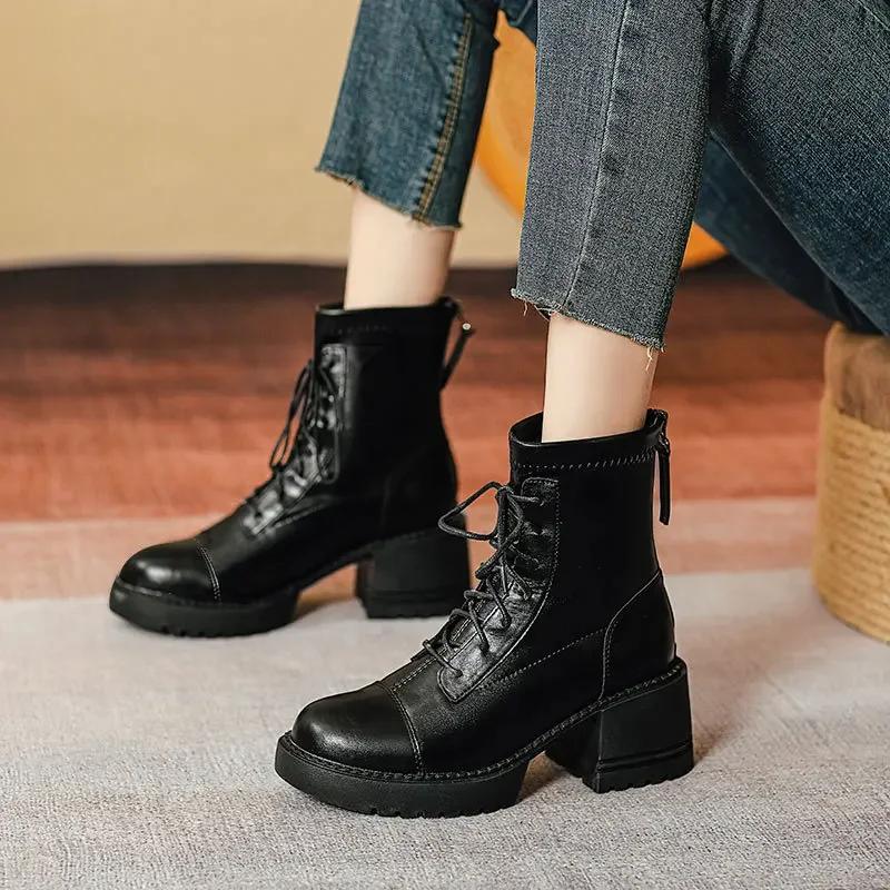 Fashion Women's Platform High Heel 2025 Autumn and Winter New Thick Heel Lace-up I British Style Short Boots Brown Single Boots