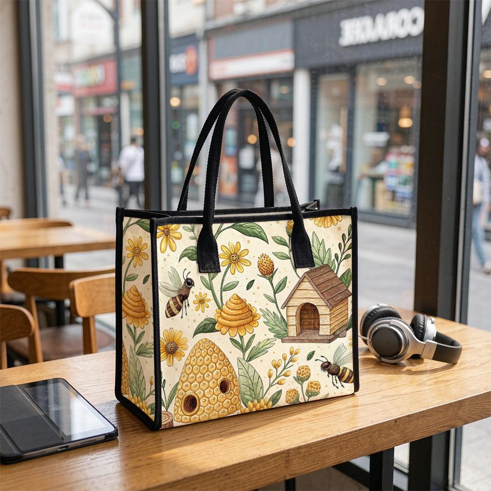 Honey Bee Print Casual Daily Tote Bag Cute Floral Pattern Outdoor Handbag