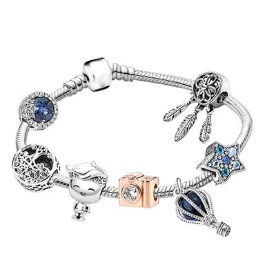 SS925 Elementi di Viaggio Acchiappasogni Albero Genealogico Fotocamera Ciondolo con Perline Bracciale Serpente Gioielli Romantici e Belli Tonalità Blu