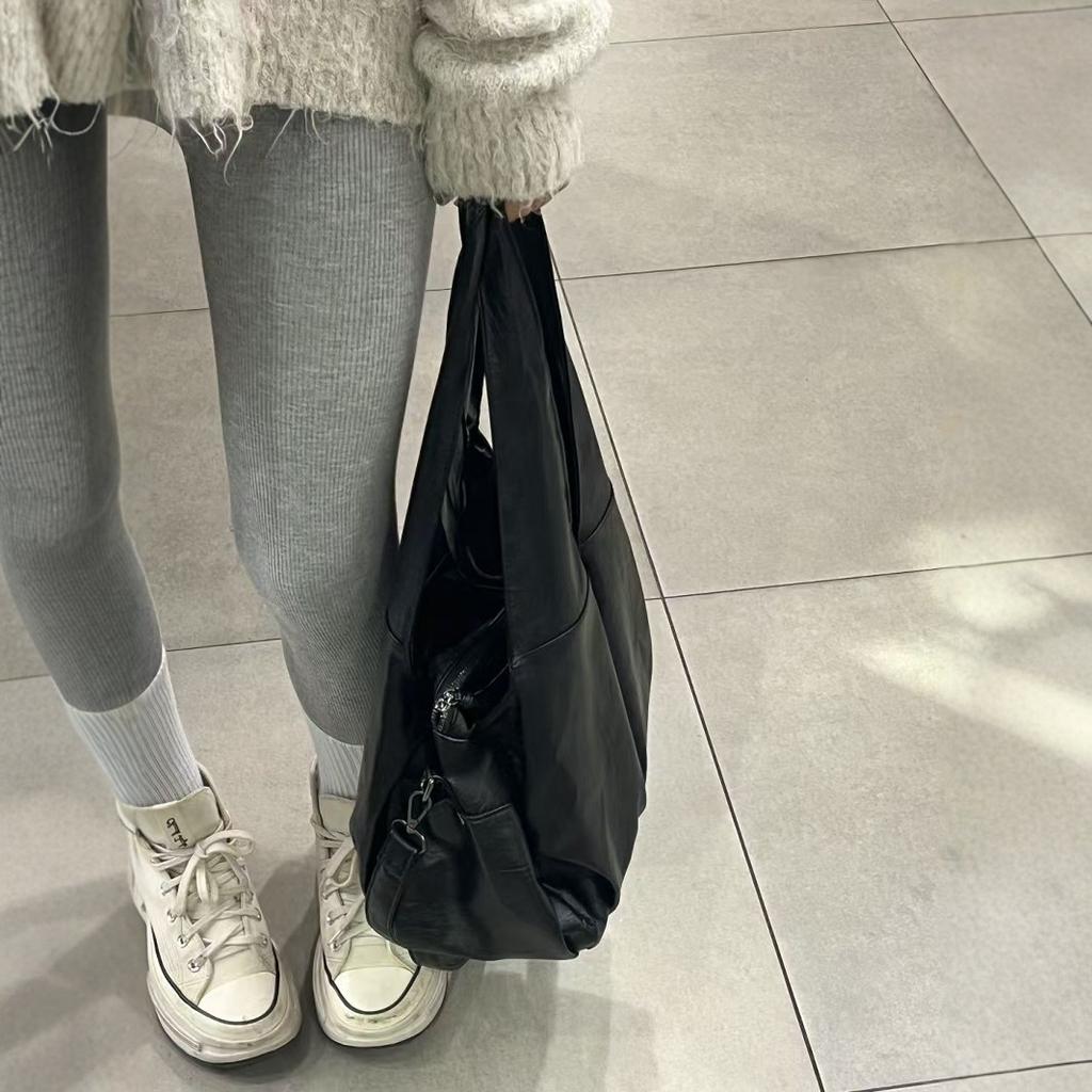 Cross-border Large-capacity Bag 2025 New Shoulder Bag Soft-sided Casual Retro Black Tote Bag Messenger Bag Bag Women