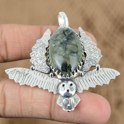 Natural Moss Prehnite Gemstone Pendant Owl 925 Sterling Silver Jewelry For Women