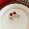 Retro Red Zirconia Pearl Flower Earrings - High-End Hong Kong Style Studs for Women