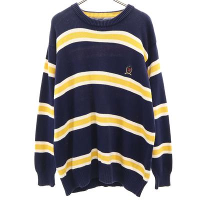 90s Old Border Long Sleeve Sweater M Navy Knit Men's Used