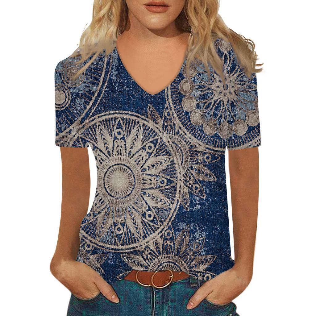 Sommer V-Ausschnitt 3D Abstraktes Retro-Muster Bedrucktes Oberteil Modische Lässige Kurzarm Damen T-Shirts
