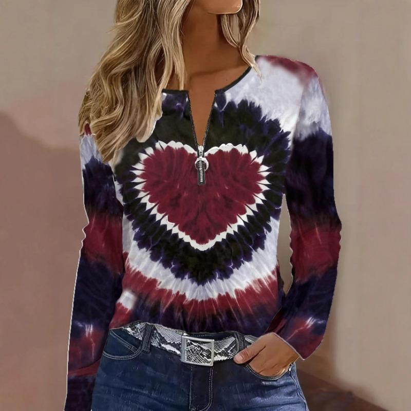 Women s Clothing Spring and Autumn Zipper Round Neck Printed Long Sleeve T-Shirt S