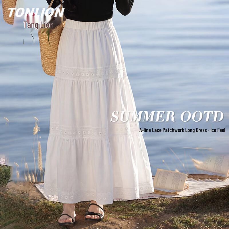 TonLion Women s White Tiered Lace A-Line Maxi Skirt M