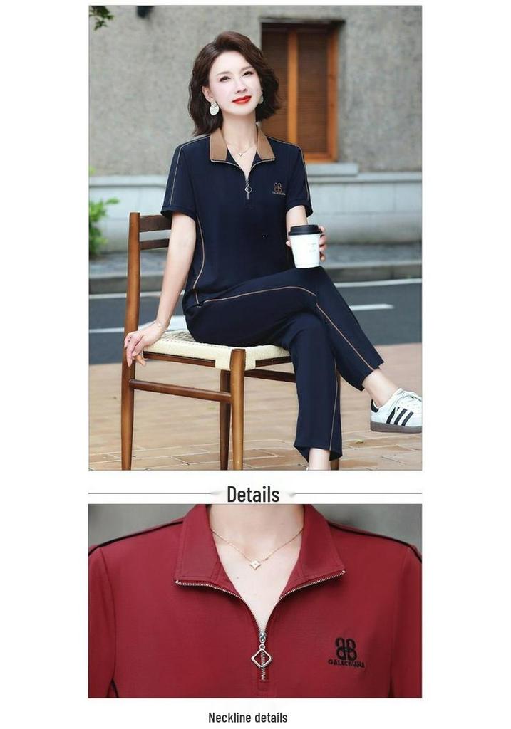 Women's Summer Sports Suit: Stylish, Age-defying, Short-sleeved T-shirt for Middle-aged Ladies with a High-end Feel.