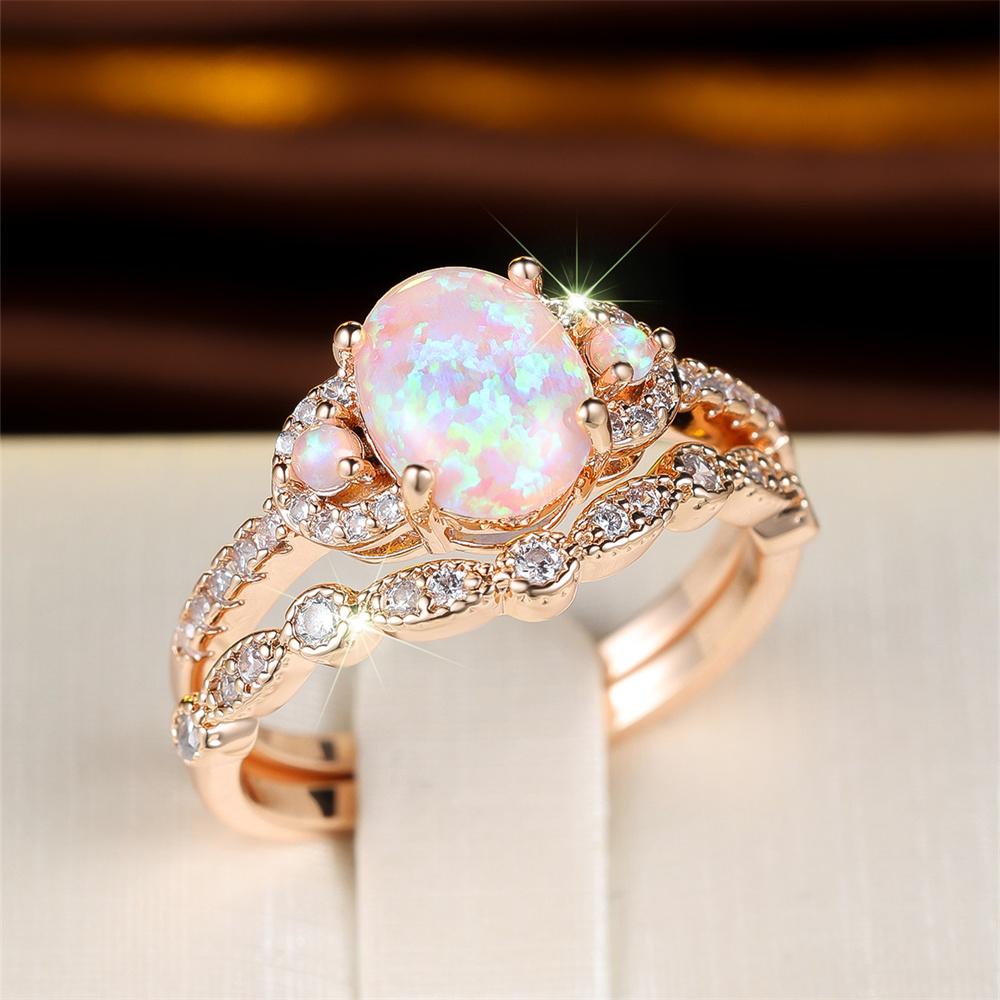 Süße Rosa Feueropal Ovaler Stein Ring Sets Für Frauen Vintage Goldfarbe Verlobungsringe Set Hochzeits Schmuck Braut Vielseitiges Geschenk 9 black