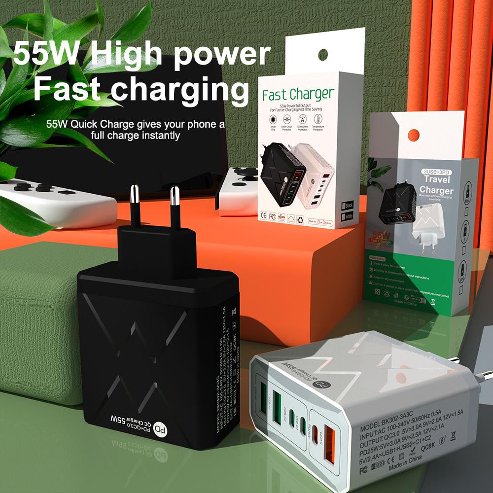 PD 55W Fast Charger: 3 USB + 3 PD Ports with QC3.0 for EU, UK, AU Plugs