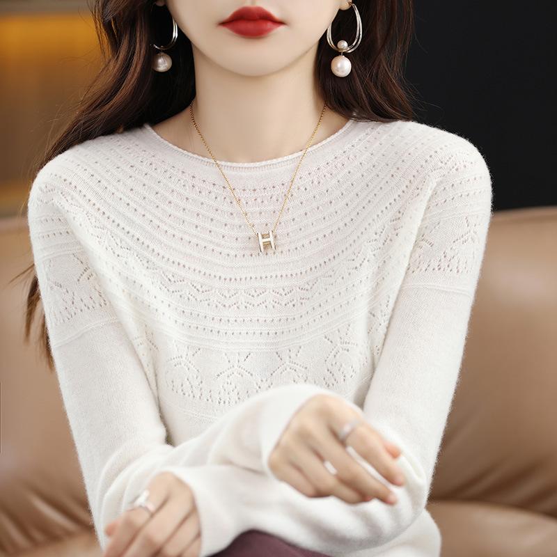 Crew Neck Curled Edge Spring and Autumn Wool Women's Seamless Inner Backing Knitted Sweater