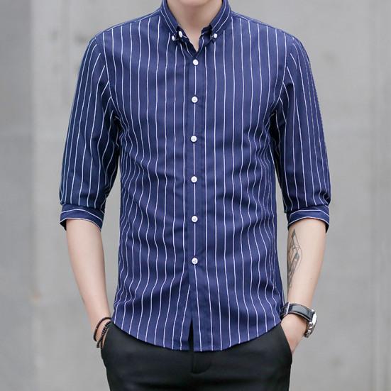 Yaka 3/4 Kol Tek Düğmeli Erkek Gömleği Slim Fit Çizgili Baskılı Günlük Gömlek Üst