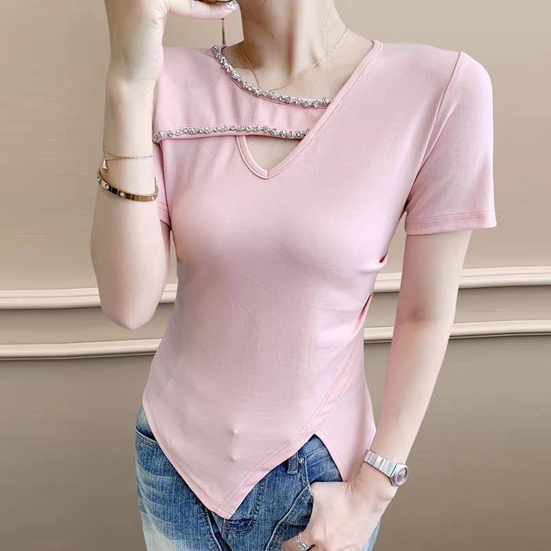 

Новые летние женские шикарные сексуальные футболки с V-образным вырезом и вырезами, модные женские топы с коротким рукавом, облегающие хлопковые футболки с неровным краем 3XL розовый