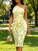 Light Yellow Green Tulip Floral Print One Shoulder Spaghetti Strap Bodycon Midi Dress Womens Casual Party Dress