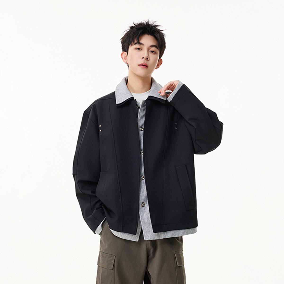 Men s Retro Patchwork Double-Layer Collar Jacket - Stylish Autumn Outerwear Medium