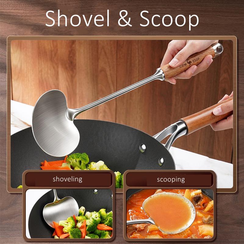 LFGB Certificated 316L Stainless Steel Round Spatula Soild Wooden Heat Insulate Handle Shovel and Scoop 2 in 1 Kitchen Cookware