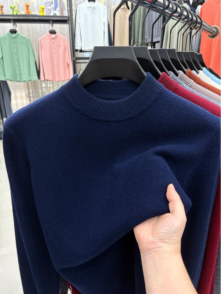 Men's Autumn/Winter Wool Sweater - Half-High Collar, Solid Color, Long Sleeve, Skin-Friendly, Warm Base Layer