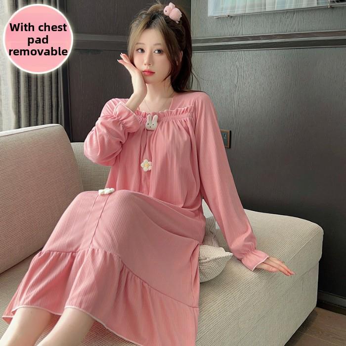 Women's Cute Sweet Long-Sleeve Nightdress with Chest Pad, Medium-Length, Plus Size Home Wear for Spring & Autumn
