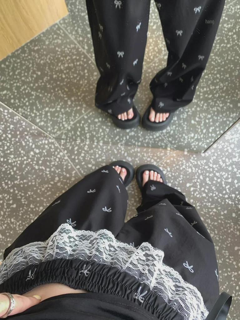 Women's Summer Lace Bow Wide-Leg Pants with Elastic Waist