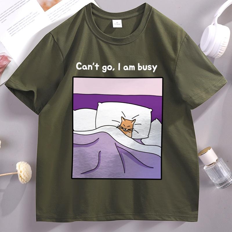 Sorry Cant I Am Busy T Shirt Soft Sleepy Funny Cat Cotton Tshirt Unisex Women Loose Japanese Aesthetic Tshirt Male Clothes
