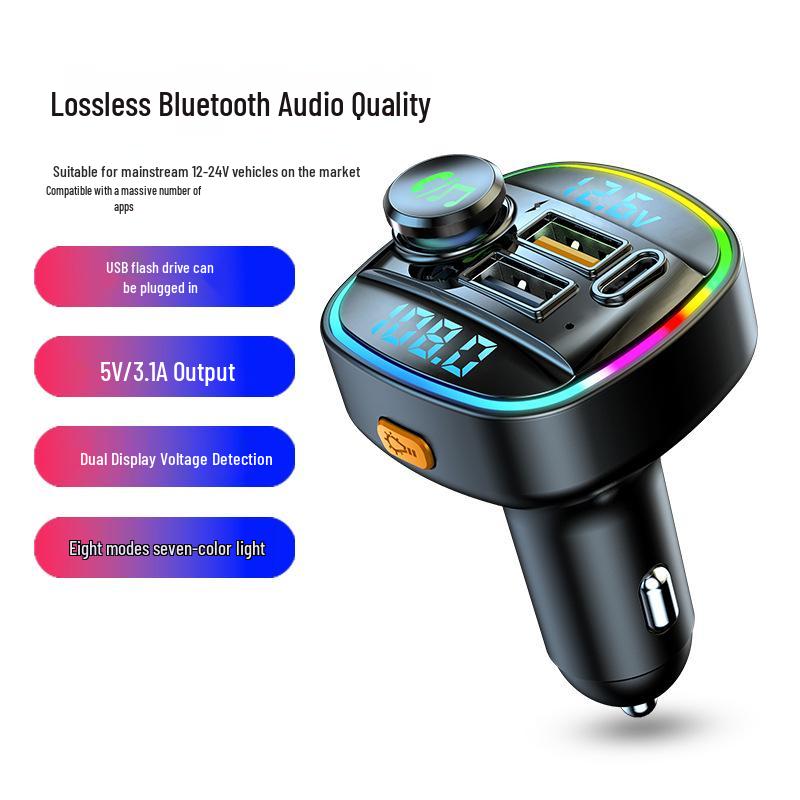 Bluetooth Car MP3 Player with Lossless Sound, Fast Charging, FM Transmitter, and HD Dual Display.