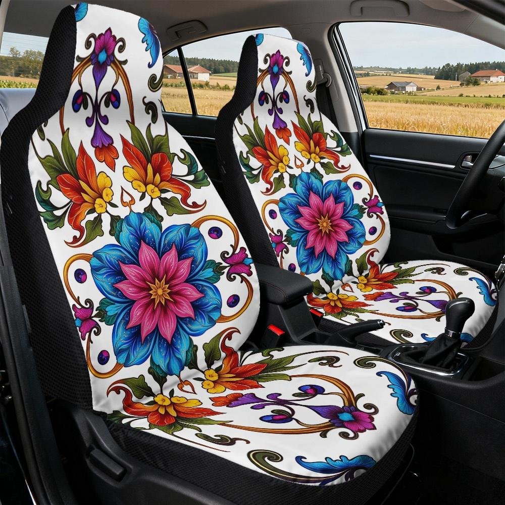 2D Flat Printing, 2pcs Car Seat Covers Front Seat, Decorative Car Seat Covers, Floral Colorful Symmetry Print, Easy Installation