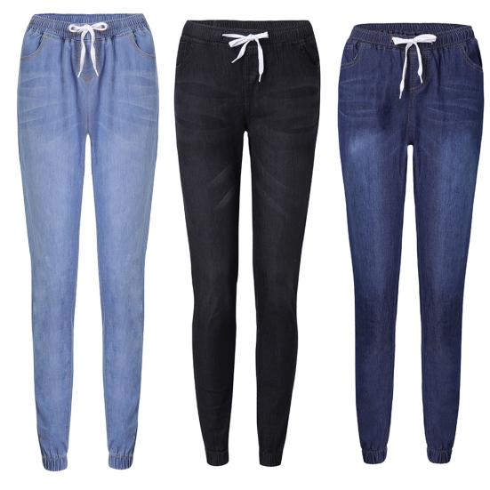 Women Solid Color Drawstring Ankle Tie Slim Stretchy Jeans Plus Size Denim Pants