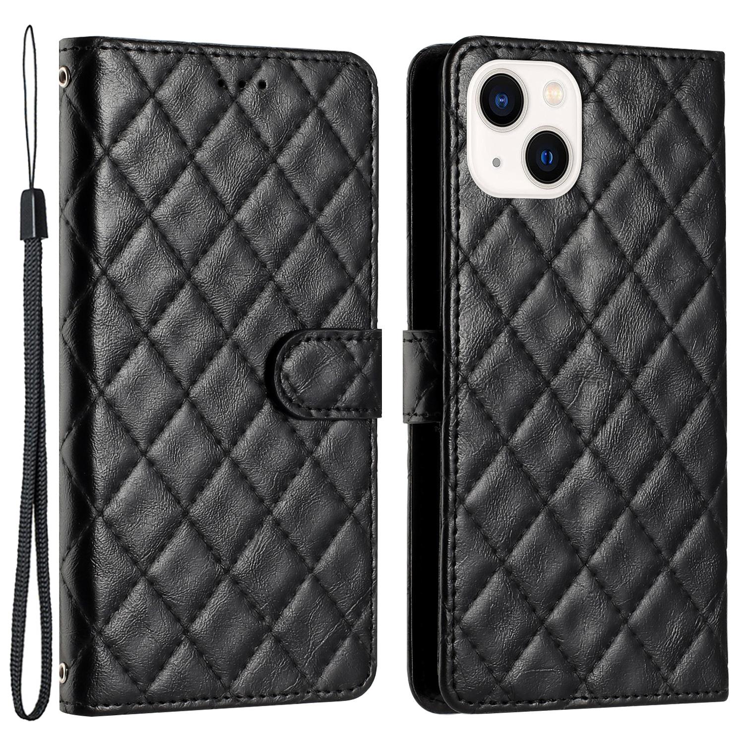 

TPU+PU Leather Phone Cover for iPhone 13,Wallet Shell Flip Stand Stitching Line Rhombus Texture Phone Case Black