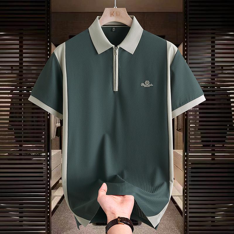 Ice Silk Polo Retro Short Sleeve Polo Shirt Men's Summer Versatile Top Shirt Color Blocked Collar T-shirt