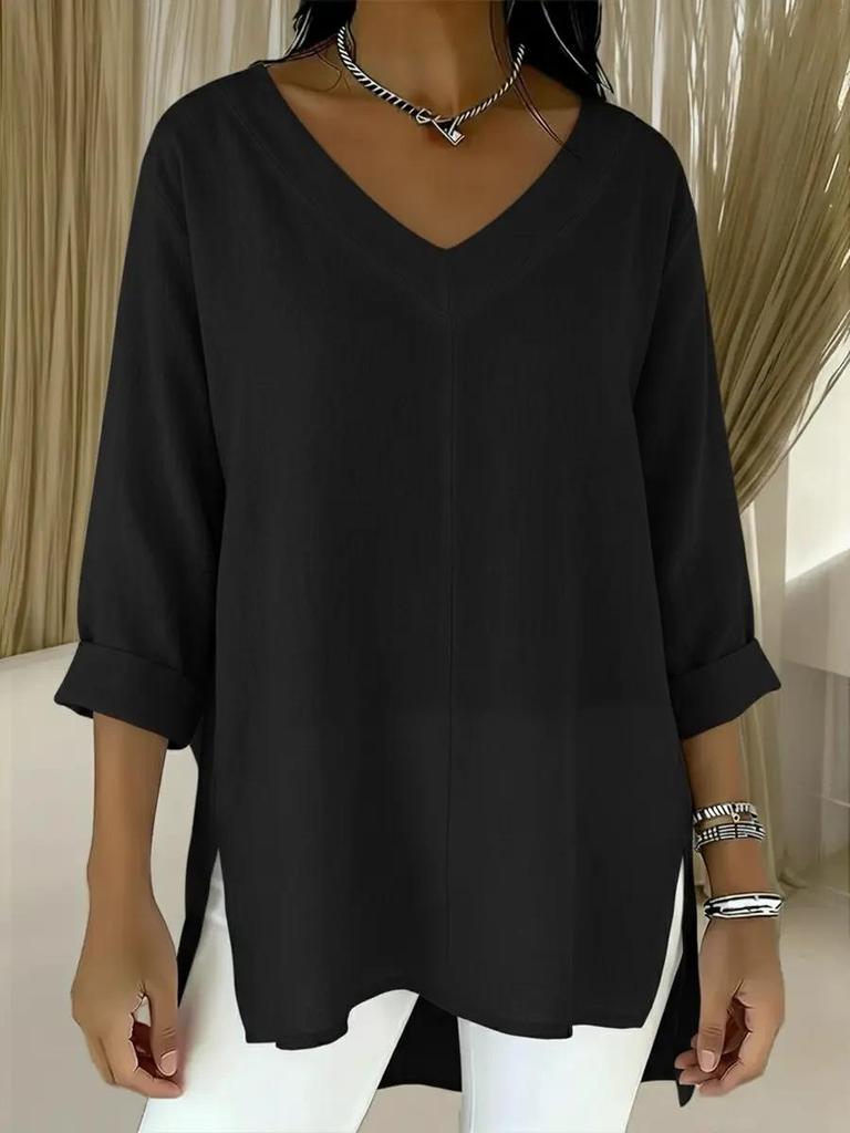 2026 Casual Women's Cotton Linen V-Neck Nine-Sleeve Top