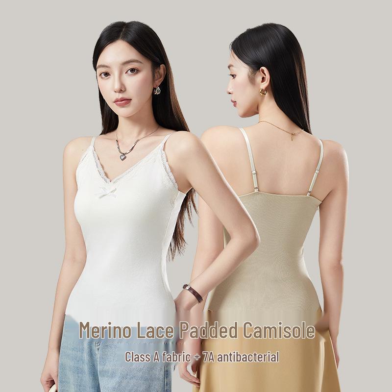 Women's Lace Camisole with Bow & Chest Pads - Warm Velvet-Lined Sleeveless Top for Autumn & Winter