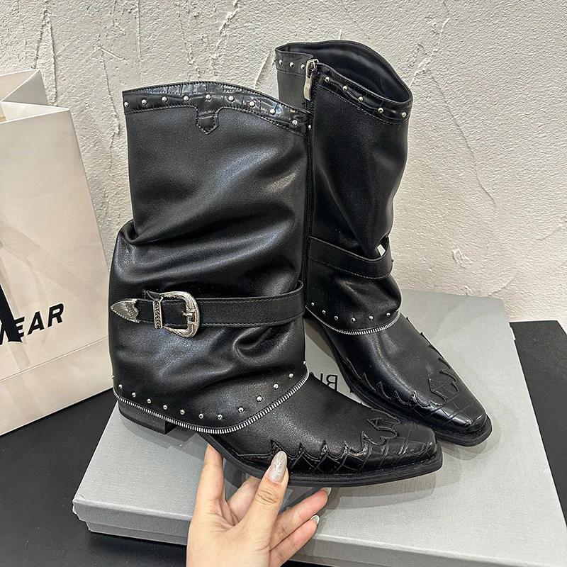 Fashion Trendy Western Cowboy Boots Pointed Toe Knight Style Women's New Vintage Small Crowd V-Notch Large Size Screwed Pants Boots