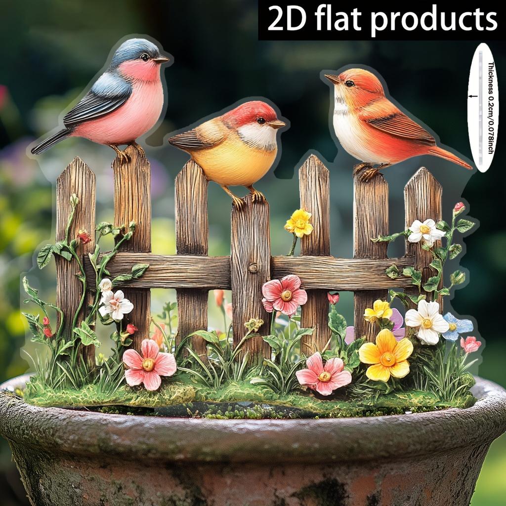 Acrylic 2D Bird Garden Fence Ornament, Hanging Decor for Planter & Patio, Funny Garden Art & Friend Gift