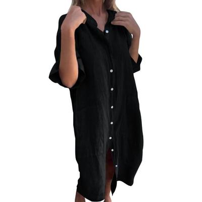 Damenmode Einfarbige Knopfleiste Lässiges Cardigan-Kleid Mit Taschen Baumwolle Leinen