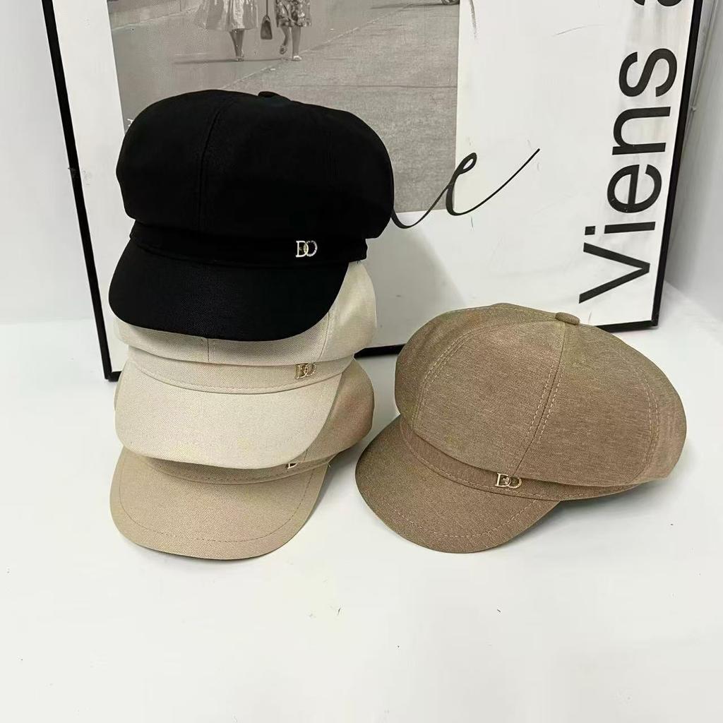 New Metal Standard Octagonal Hat Female Face Small Beret Casual Versatile Temperament Newsboy Hat English Letters