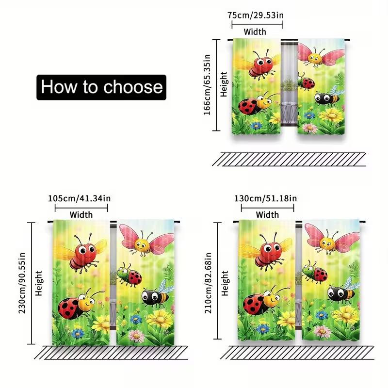 2Pcs Cartoon Insects Floral Printed Curtains, Designed For Light Filtering, Durable Material, Perfect For Kids' Room Daily Windo